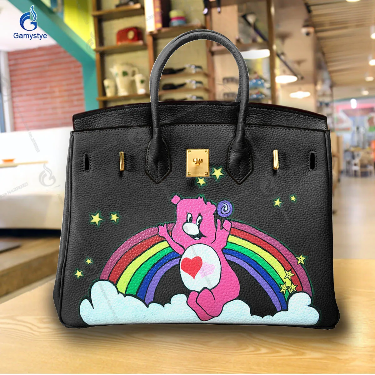 Personalizar bolso Art Hand Painted Rainbow and Little Bear Bags Women Bags Messenger Crossbody Handbags Genuine Togo Leather