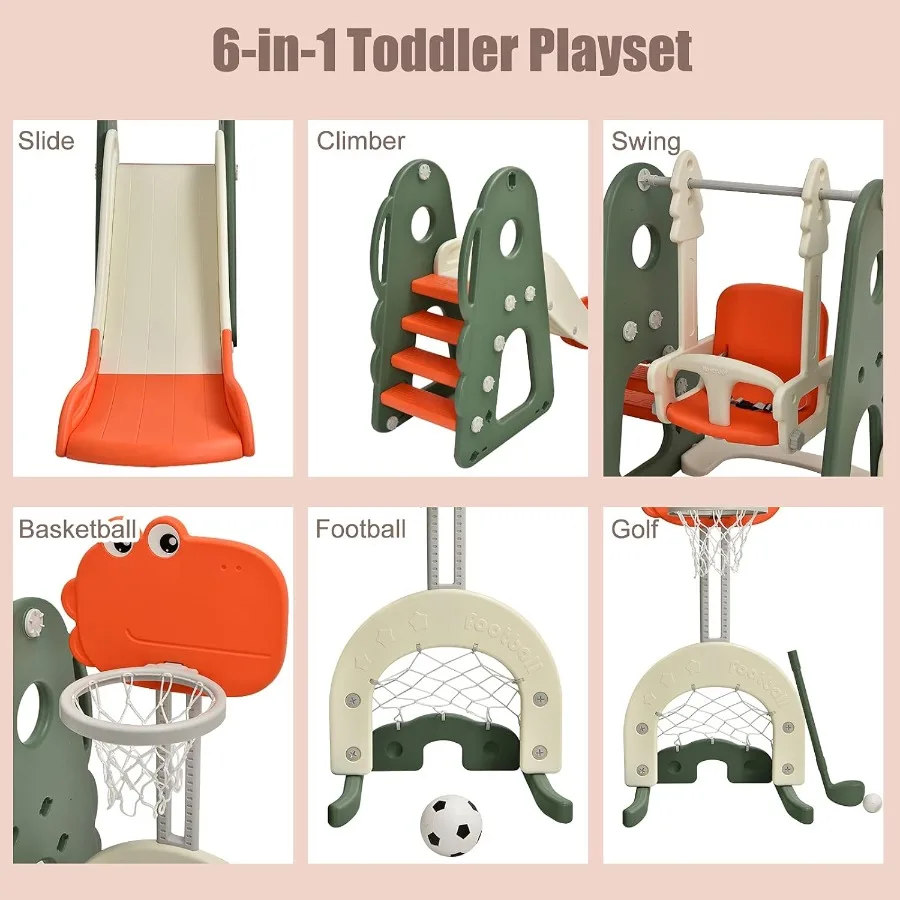 Ensemble de jeu de toboggan et de balançoire pour tout-petits 6 en 1, grand jeu de toboggan grimpeur avec panier de basket-ball, porte de Football et aire de jeux de trous de Golf Swin