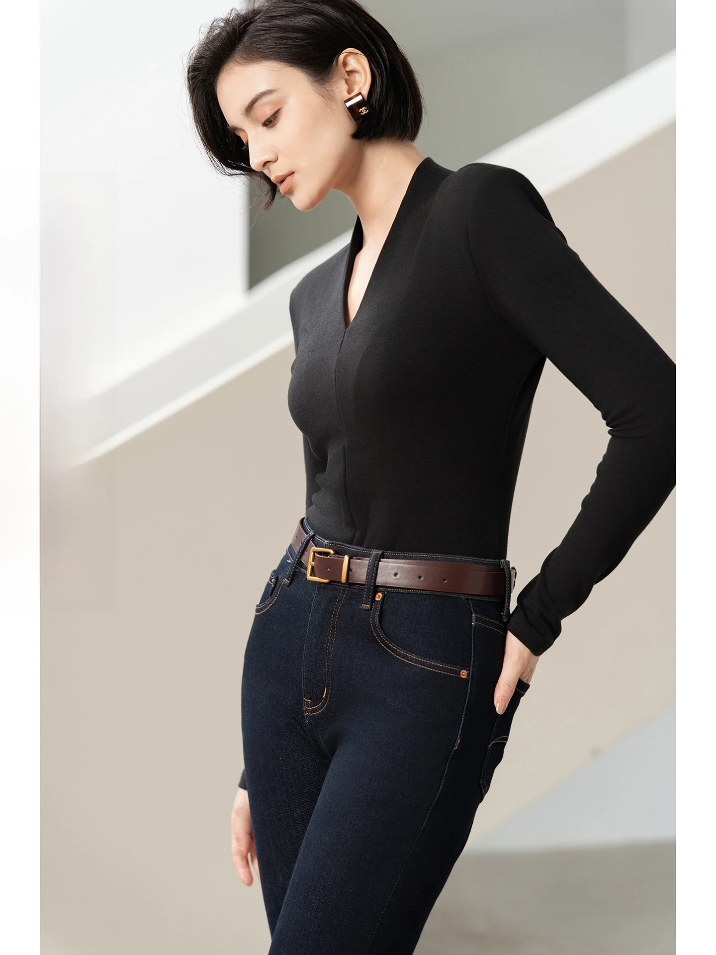 

Women's Fce Lined V-Ne Base irt Unique Sli Inner Wear Cotton Blend Long Sve Knitted Top for Daily Home Wear