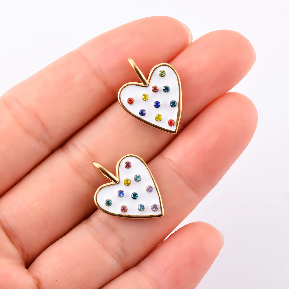 Wholesale 5 PCs Stainless Steel Colorful Rhinestone Enamel Heart Charms Pendant DIY Necklace Jewelry Finding Making