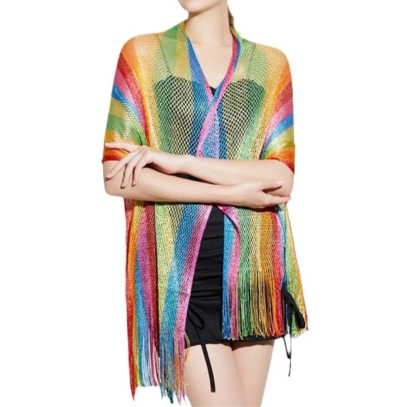

652F Cosy and Breathable Scarf Comfortable Neckerchief Colorful Shawl with Rainbow Striped Pattern for Fashion Enthusiasts