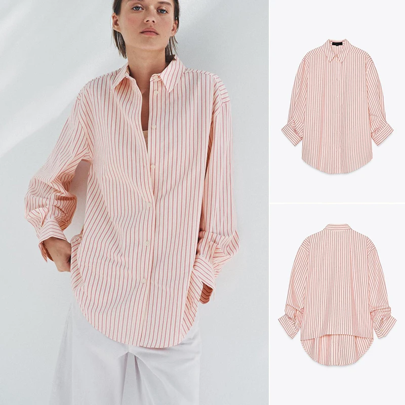 

Spring New Women's Cotton Woven Loose Striped irt Collar Pleated Long Sve Top Faionable Commute Sle Regular Fit