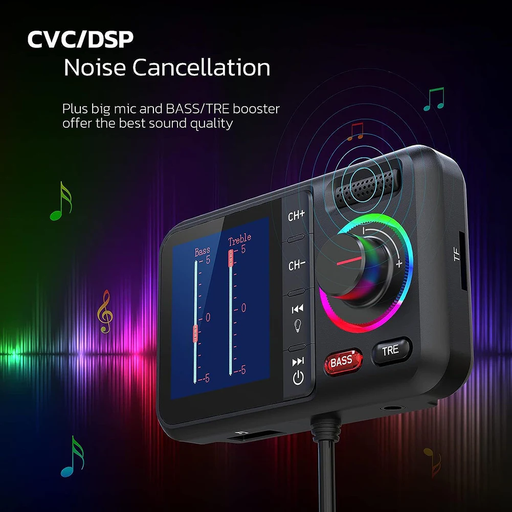 Wireless Car Adapter with Big Color Screen MP3 Music Player Support QC3.0 Charging BT Car Adapter Hands-Free Call