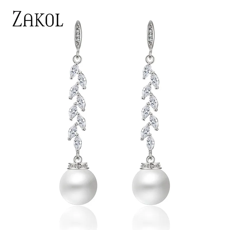 ZAKOL Fashion Round Imitation Pearls Drop Earrings for Women Shinny Zirconia Crystal Leaf Long Bridal Earring Wedding Jewelry