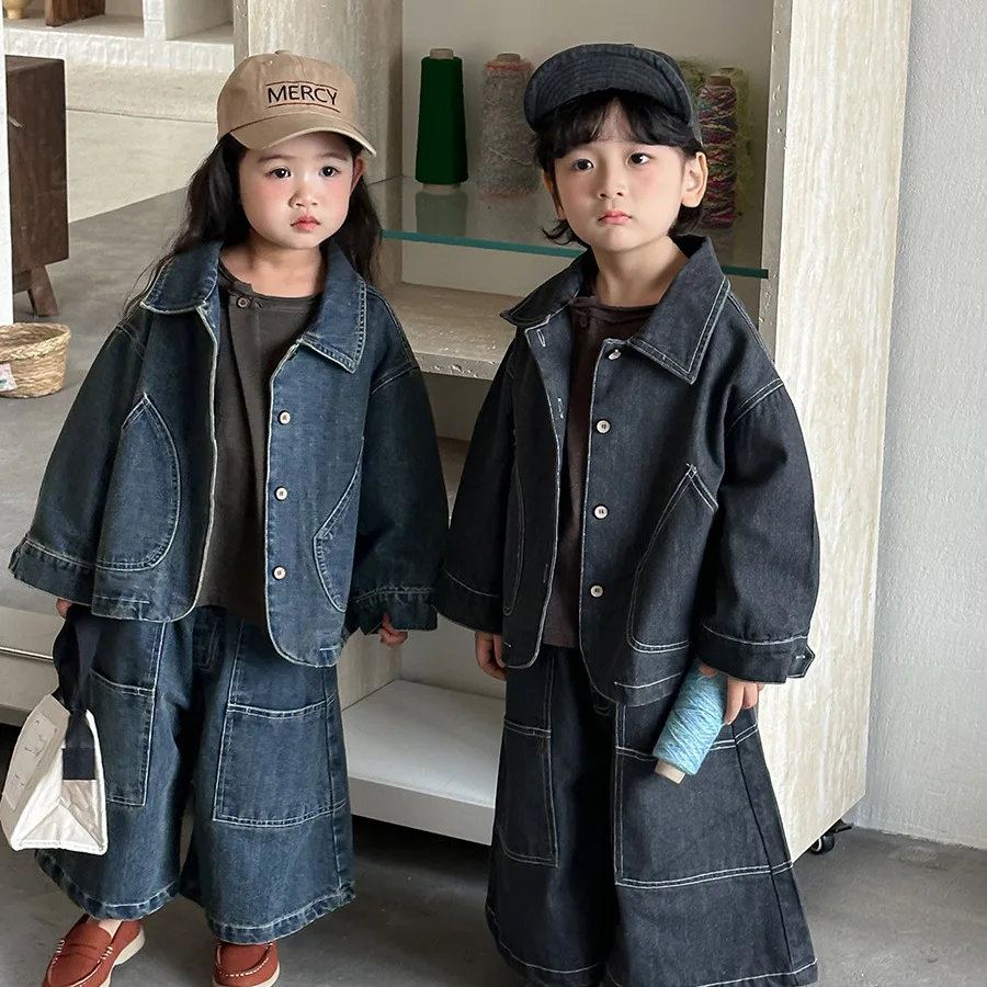 2026 Children's Spring Denim Shirt and Baby Boys and Girls' Wide Leg Pants Two Pieces Set with Horn