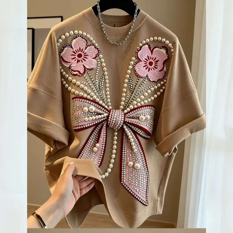 New Spring Summer Loose Women Pullover Top All-match Short Sleeve Casual Tees Luxury Diamonds Beading Fashionable Basic T-shirt