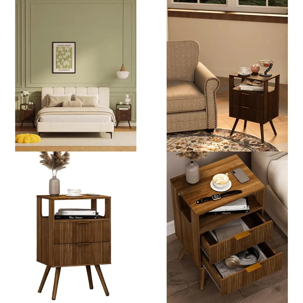 

Contemporary 2-Drawer Nightstand with Open Shelf, Solid Wood Legs, Ideal for Compact Spaces, Walnut Brown Finish