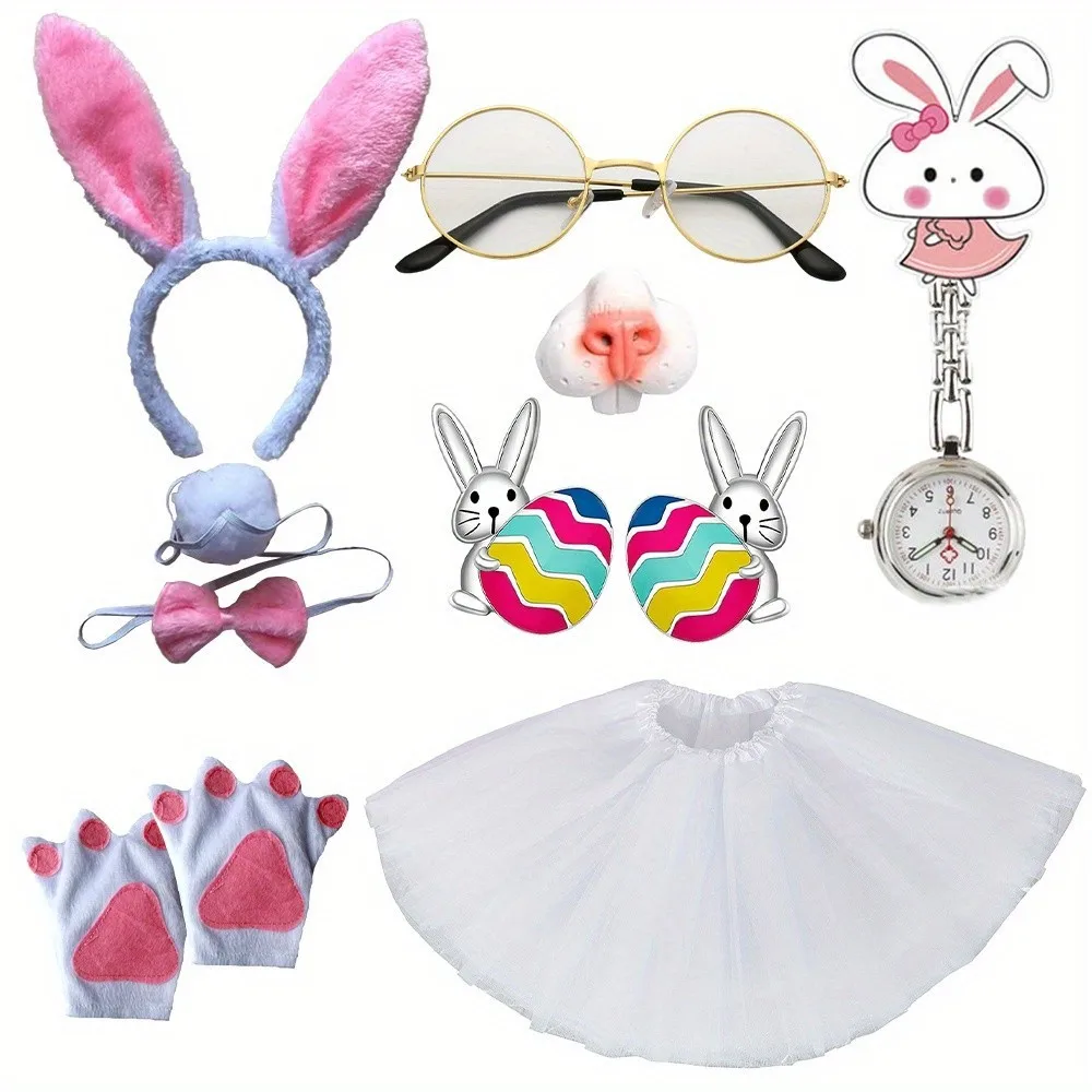 

Easter Bunny Costume Bunny Dress Up Accessories Kit Headband Gold Frame Glasses Key Chain Gloves and other dress up accessories