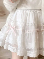 Lace Mesh Retro French Sweet Skirt Women Summer New Cute Princess Skirt Female Bow Solid Gauze High Weight Y2k Mini Skirt 2024