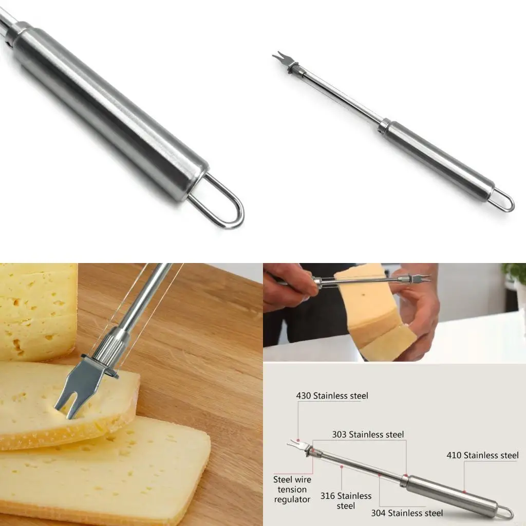Handheld Double Wire Cheese Board Slicer Stainless Steel Adjustable Butter Cutter with Fork Picker Kitchen Cutting Tool X3UC