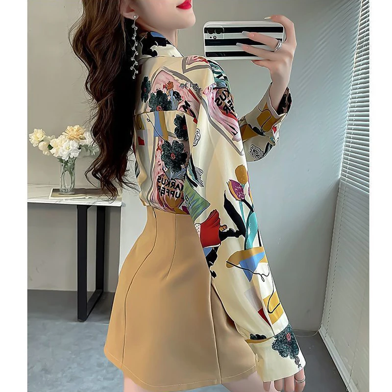 Women\'s Stylish Vintage Printed Turn Down Collar Shirt Office Lady Elegant Commute Blouse Korean Lantern Long Sleeve Loose Tops