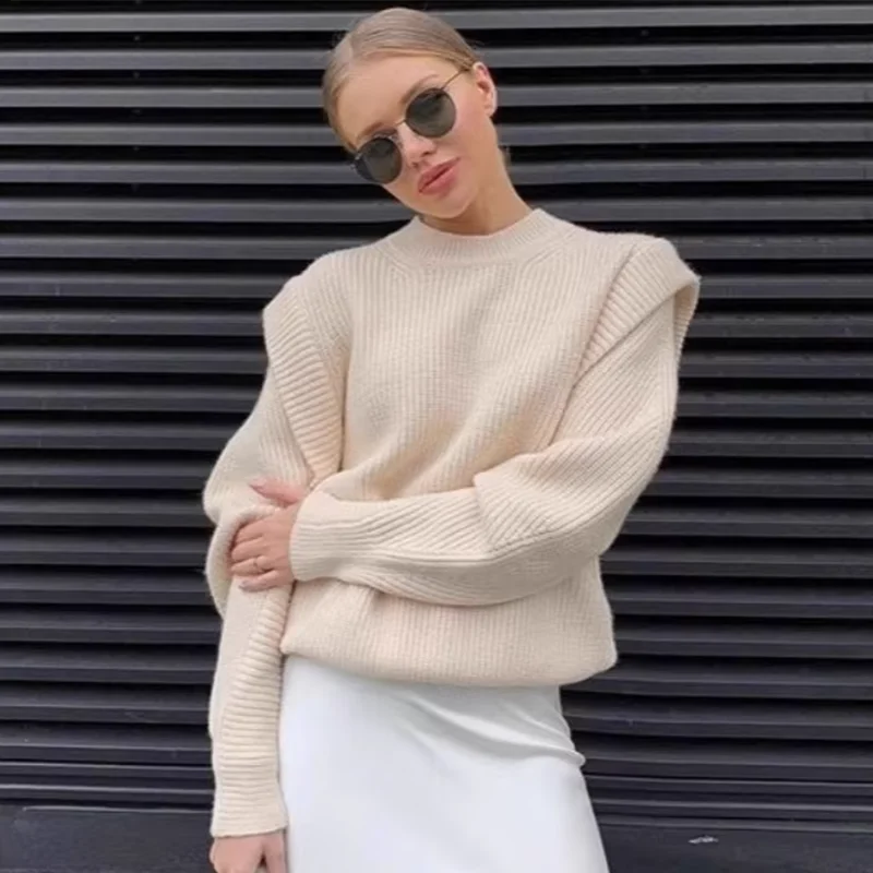 

TARUXY Crew Neck Casual Lantern Sleeve Sweater Women's Autumn Winter Loose Solid Fashion Knitted Commuting Pullover Tops Female