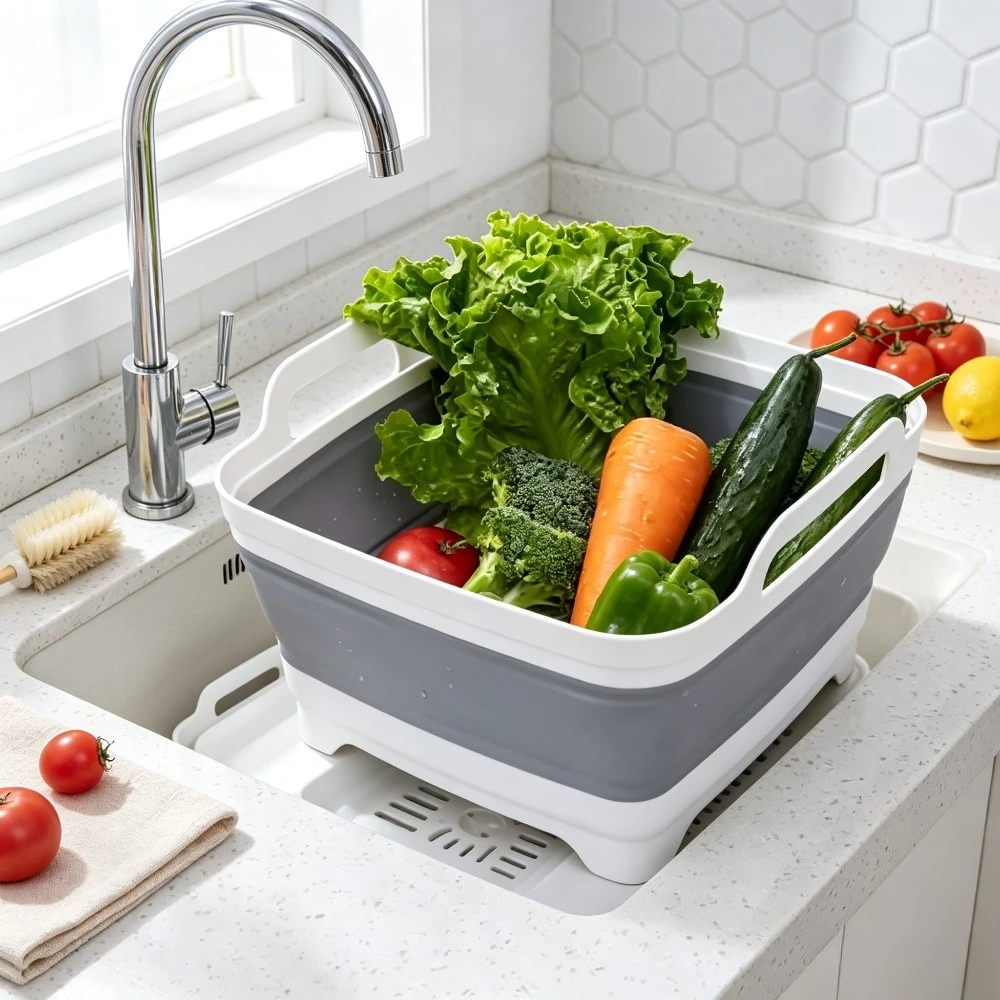 9L Collapsible Plastic Washing Basin with Drain Plug Foldable Vegetable Fruit Dish Wash Bucket for Kitchen Camping Storage