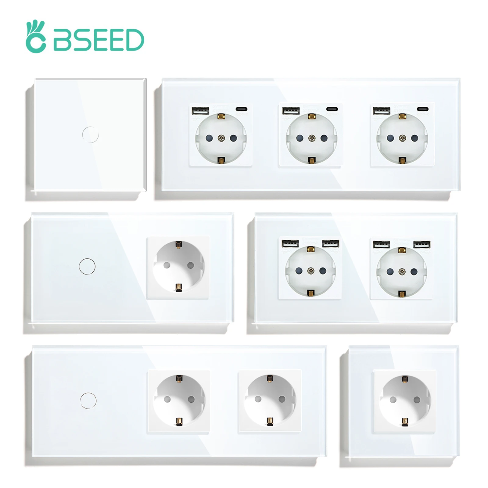 BSEED Touch Light Switch EU Standard Wall Socket With USB Type-C Crystal Glass Panel White Color Power Plugs 1/2/3Gang Switch