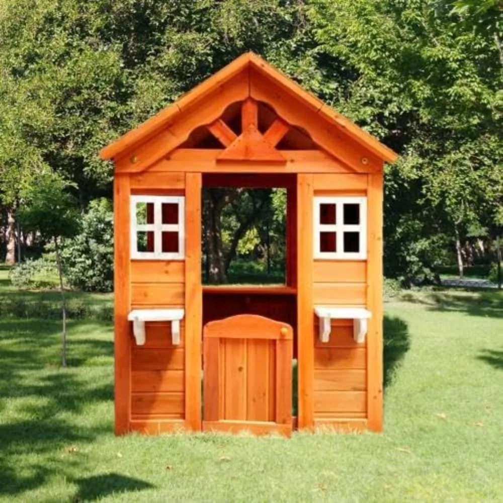 Outdoor Playhouse for Age 3-6 Years Boys Girls, Wood Cottage Playhouse with Door Windows Flowerpot Holders & Serving Station