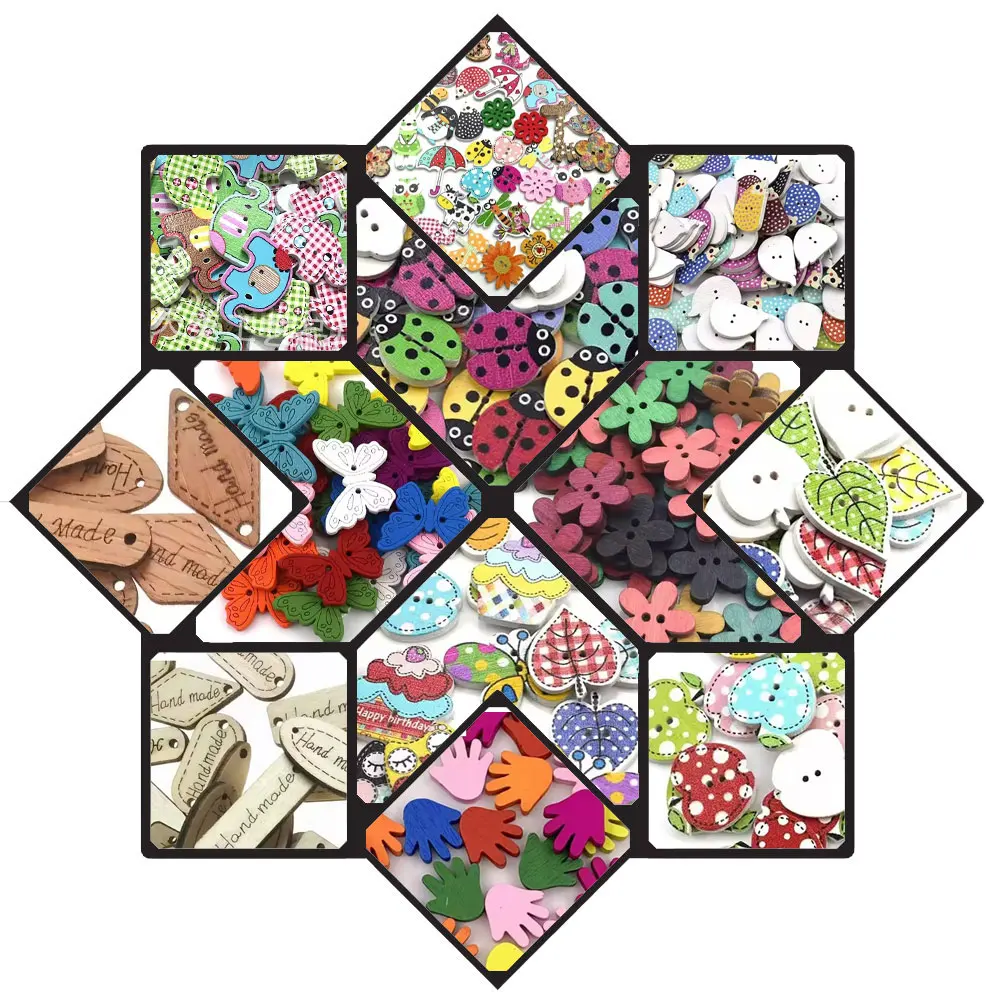 

200 шт. разнообразных деревянных пуговиц с мультяшными животными, 2 отверстия, для скрапбукинга, рукоделия, детской одежды, шитья, декора