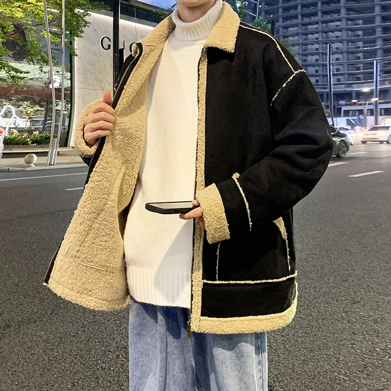 

High Quality 2024 Autumn Winter Suede Cotton-Padded Jackets Streetwear Solid Plush Warm Coat Outdoor Loose Fleece Thicken Parkas
