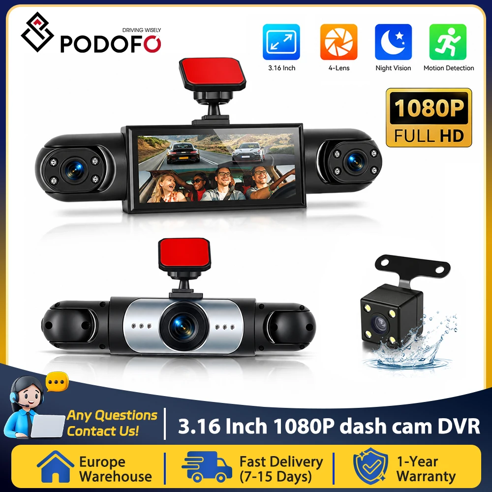 Podofo 3.16-inch 1080P Car Dash Cam With Four High-Definition Lenses, Including 480P Left Interior, Right Interior, And Rear View Cameras Car Recorder Loop Recording, Exposure Compensation Car DVR Video Recorder
