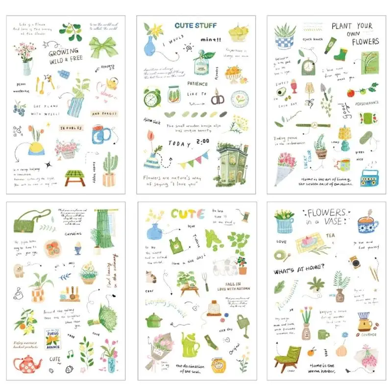

Y1UB 6Sheets Waterproof Scrapbooking Sticker PET Decorative Sticker for Journaling