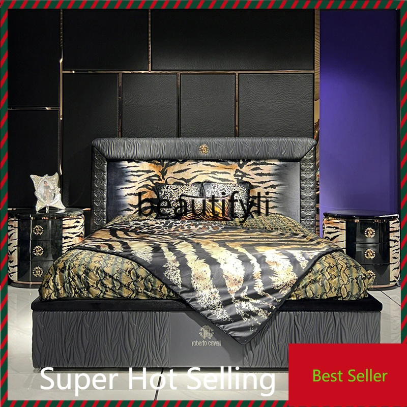 A71 Modern simple leather bed Italian light luxury fashion leopard print double bed Home hotel exhibition hall
