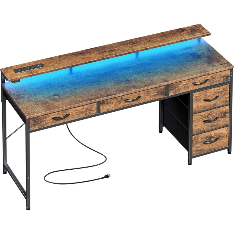 Gaming Desk with 6 Drawers, Computer Desk with LED Lights Power Outlets and Type-C, 55 Inch Office Desk with Storage, Monitor St