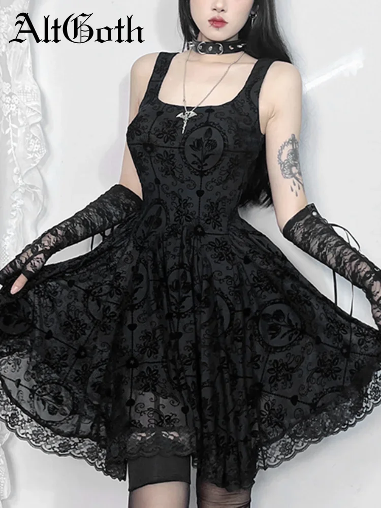 AltGoth Mall Goth A-line Dress Women Aesthetic Fairycore Grunge Streetwear Y2k E-girl Lace Patchwork High Waist Irregular Dress