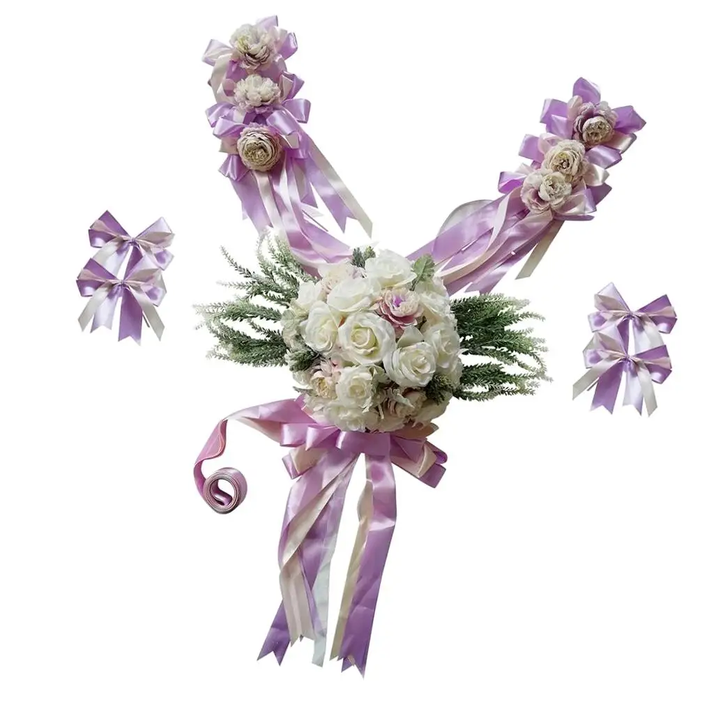 Pieces of 12 Romantic Wedding Car Decorations Kit Garland Plate Ribbon and Bows Set