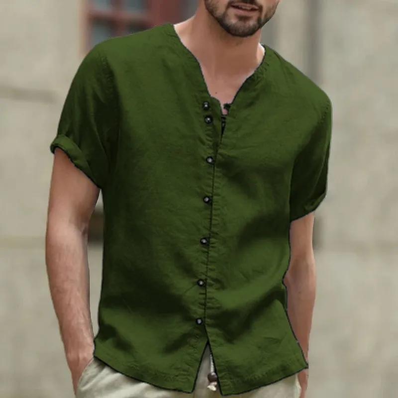 

Summer Fashion New Quarter Sleeved Pure Cotton Linen Shirt For Men Loose And Thin Breathable Men's Clothing Solid Color Top
