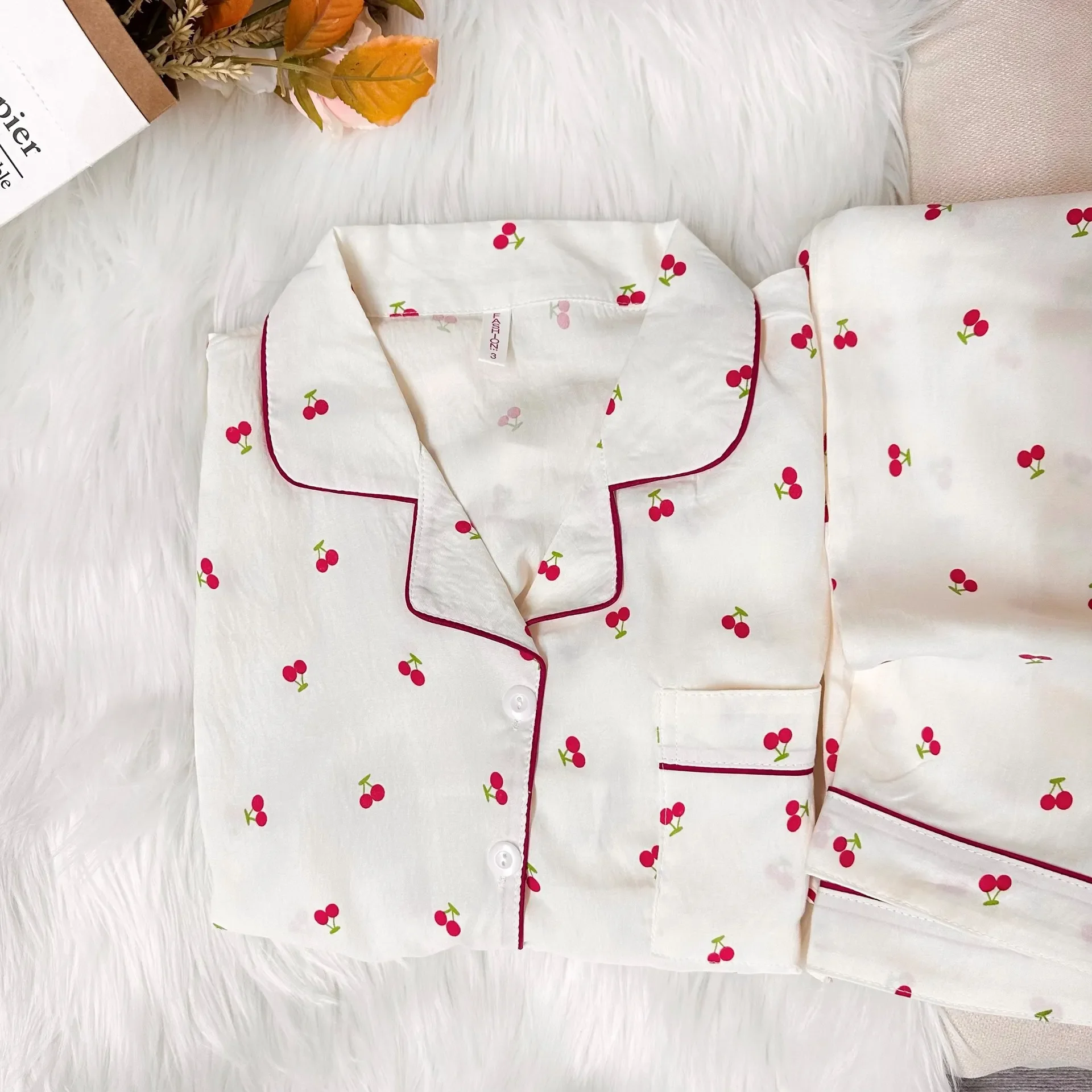 New Women's Pajamas Long Sleeved Pants Cardigans Simple Cherry Print Cartoon Collar Home Clothes Ladies Sleepwear Homewear