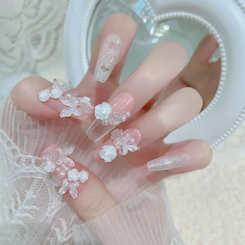 24pcs New Press on Nail Piece Handmade Manicure High Quality 3D Nail Patch Rose Butterfly Small Pearl Removable Fake Nail