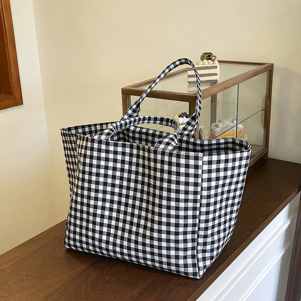 

Women'S Handbag Comfortable Canvas Tote Bag Shopping Bag Lightweight Check Pattern Tote For Daily Commute School Work
