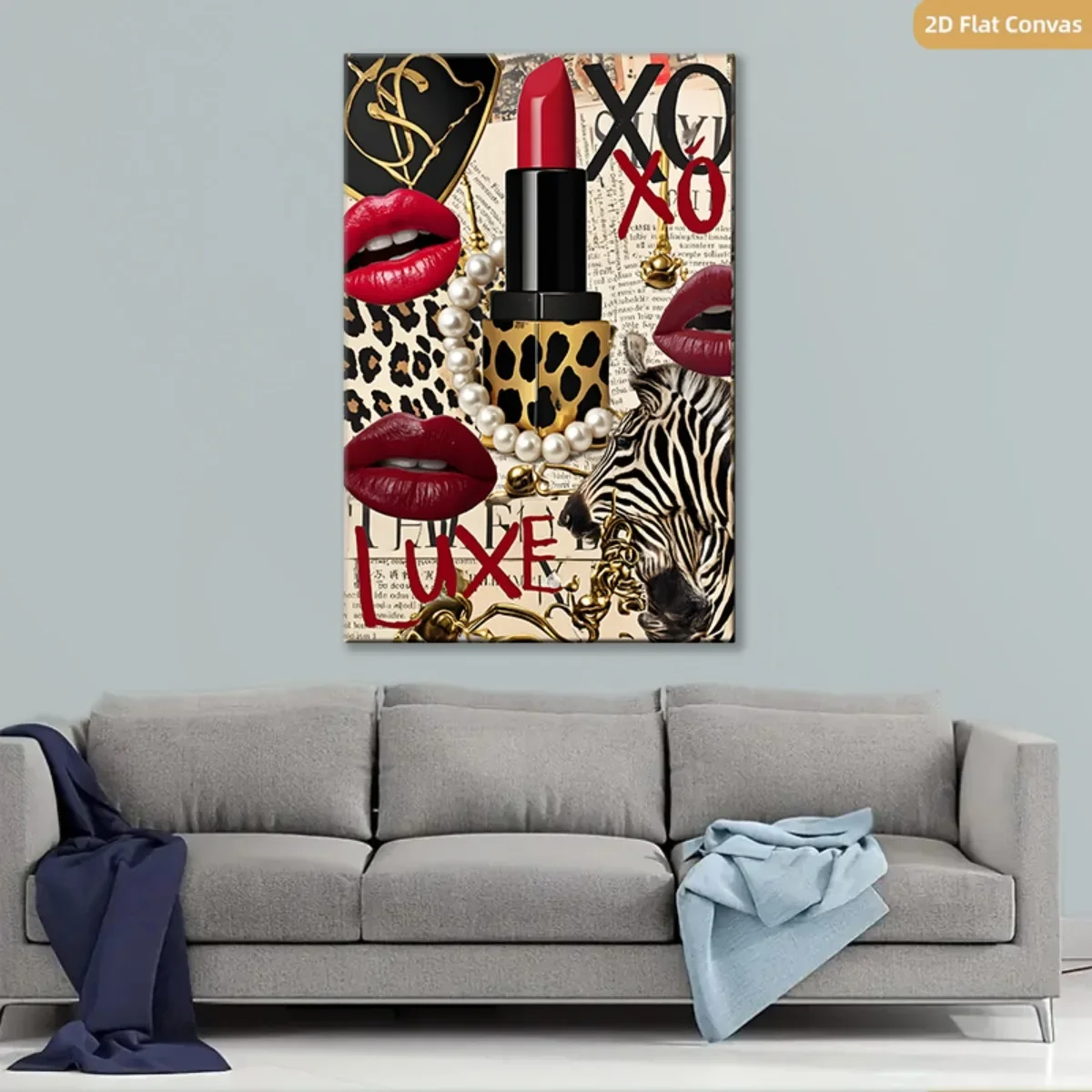 Custom 2D Flat, 1pc Framed Canvas Wall Art - Red & Beige Leopard Print Luxury Magazine Poster, Modern Chic Red Lipstick Suitable