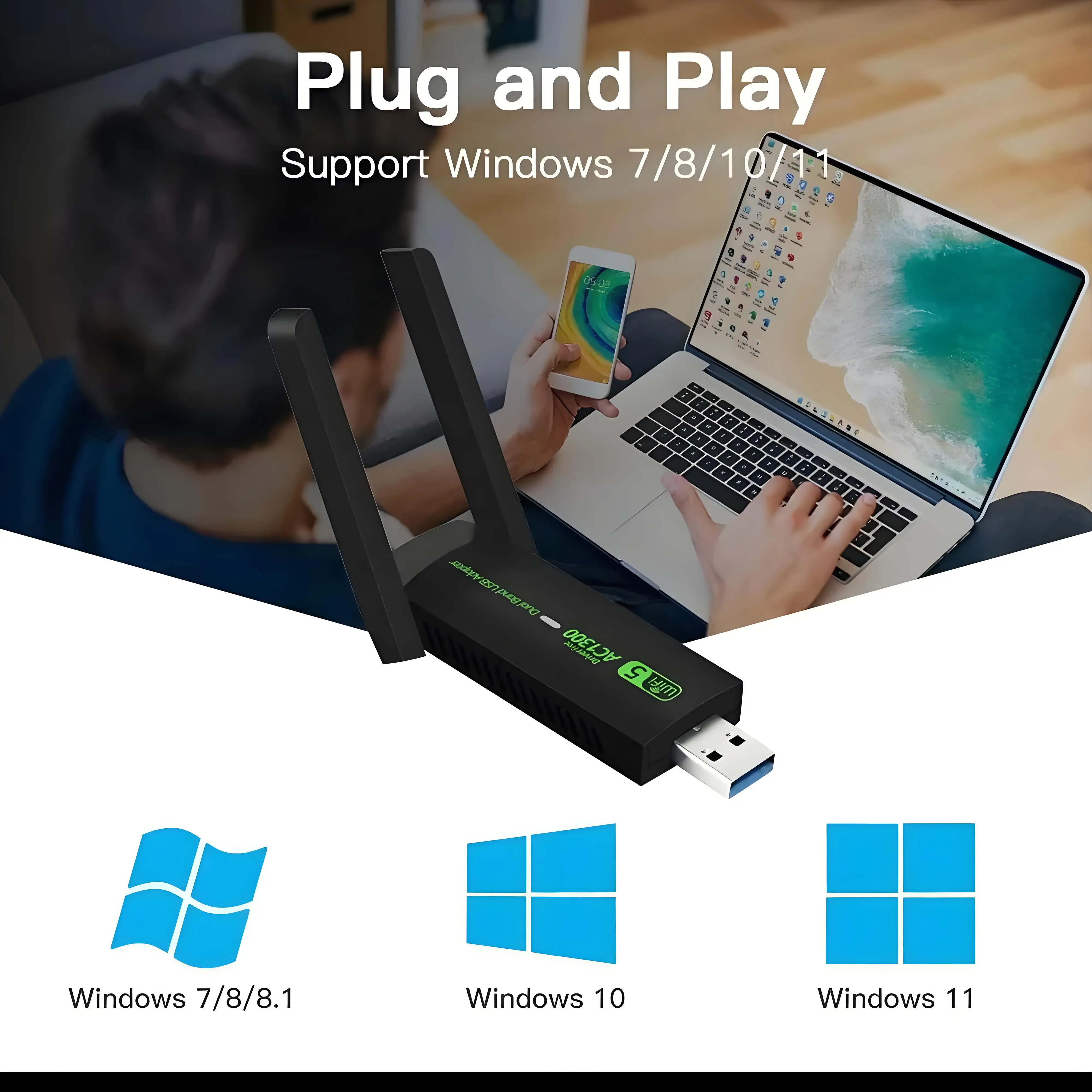 Adaptador wi-fi usb 3.0, placa de rede de 1300mbps, receptor sem fio bluetooth 4.2, banda dupla 2.4g/5ghz, transmissor para desktop, laptop, pc