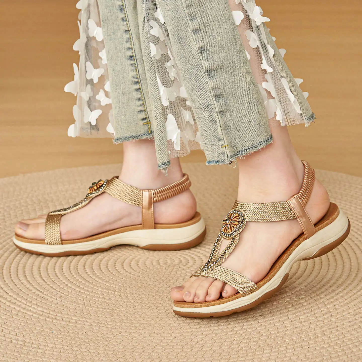 Bohemian Rhinestone Elastic Strap Sandals Comfort Cushioned NonSlip WearResistant Sole Breathable OpenToe Summer Beach Casual