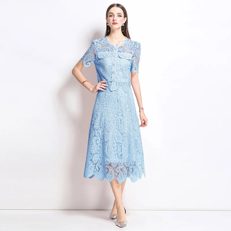 

New Luxury Fragrance Style Set Soluble Lace Half Skirt Two-Piece Set Short Sleeve round Neck Button Fashionable Women's ...