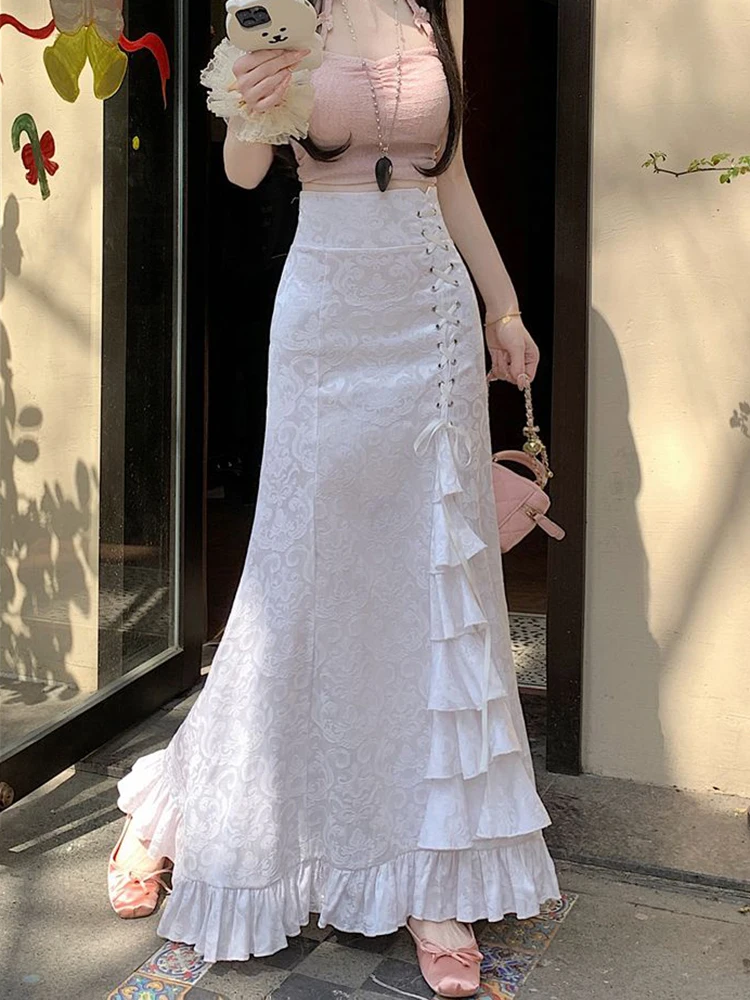 Spódnica midi z francuskim krojem rybki, damska, jesienna, z wysokim stanem, w stylu wiktoriańskim, z falbanami, elegancka, w stylu Hepburn, uniwersalna spódnica w kształcie litery A.