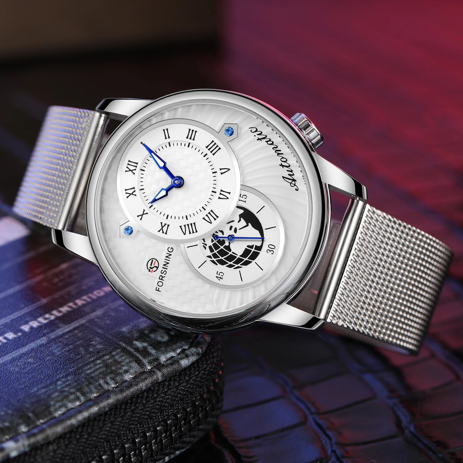 Forsining Mens Automatic Mechanical Watches Two Dial Display 30M Waterproof Earth Image Design Silvery Mesh Strap Relogio Clocks