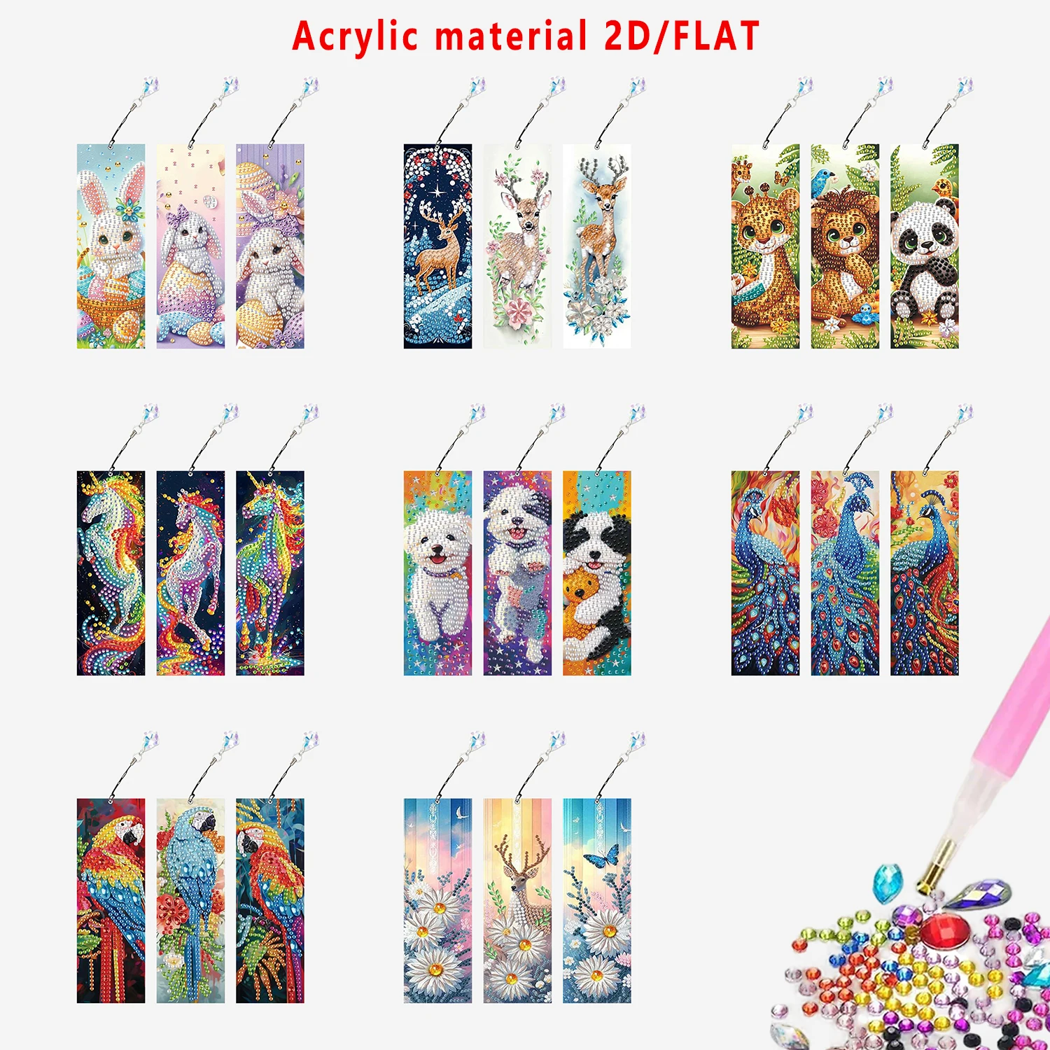 Three-piece diamond painting bookmark set, DIY creative colorful diamond floral and cute animal designs, with jeweled book tags
