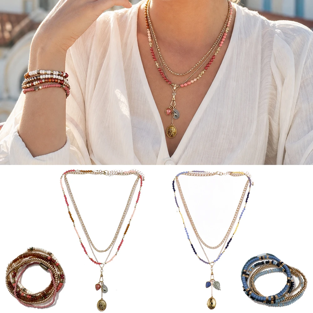 Boho Multi‑Layer Necklace Bracelet for Women Vintage Pendant Beaded Stackable Jewelry Sold Separately Fashion Accessory