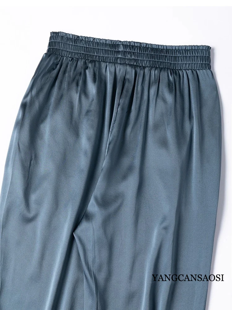 2025 Women's Casual Summer New 93% Natural Mulberry Silk Elastic Satin Grey Blue Elastic Waist Double Pocket Haren Pants