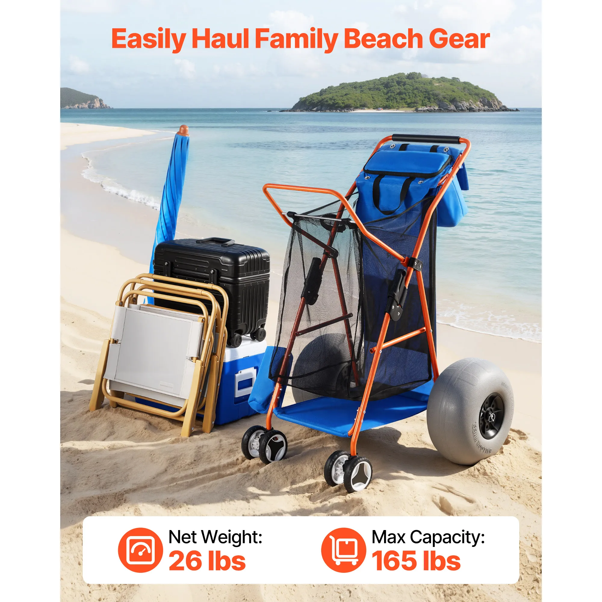 Beach Cart with Large Wheels for Sand, 165 lbs Load Capacity, Heavy-Duty Folding Beach Wagon with 12