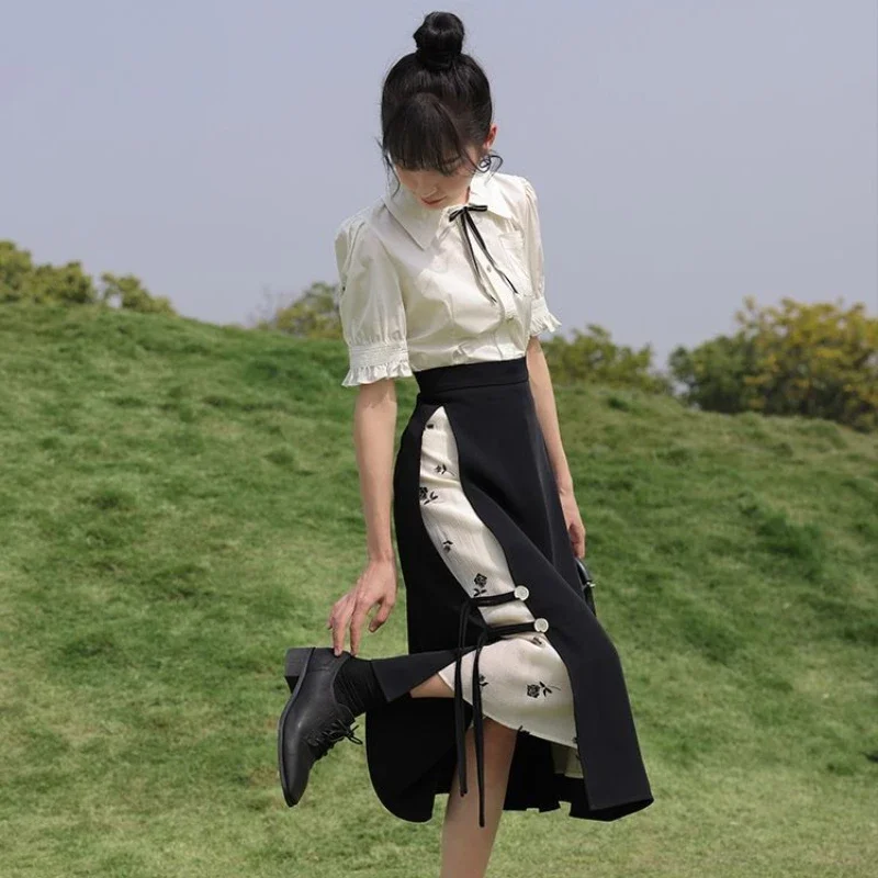 New 2025 Chinese Style Women Skirts High-waisted A-line Splicing Summer Floral Printed Fashion Skirt Woman