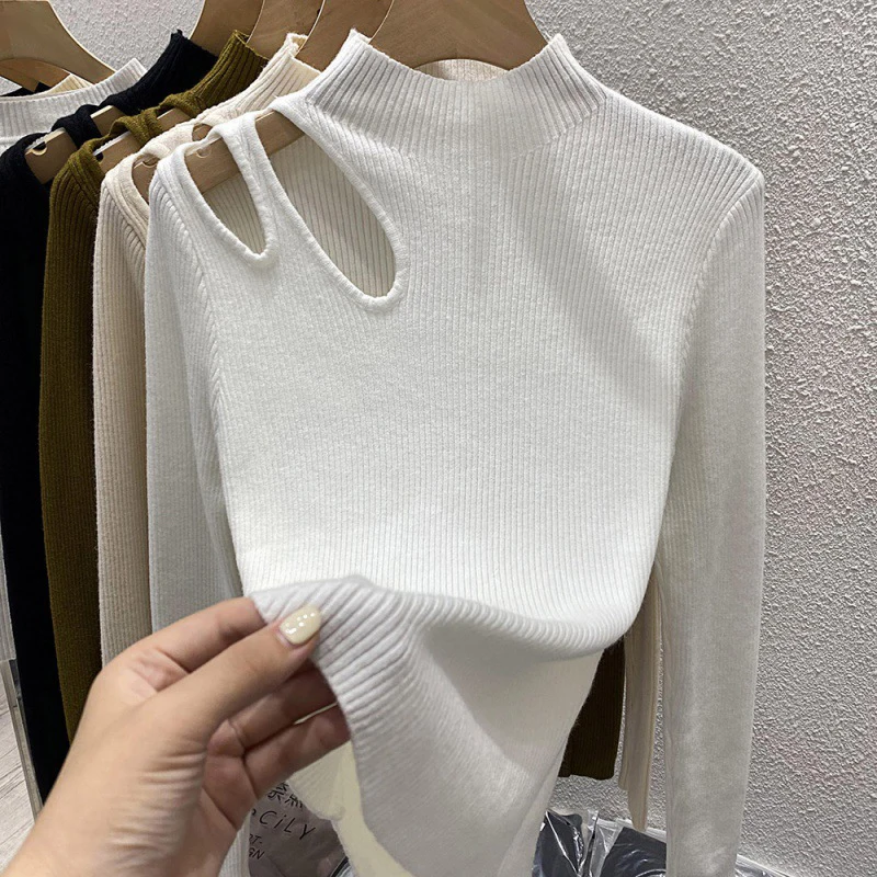 Women Slim T-shirt Tops Hollow-out Sexy Mock-neck Long Sleeve Skinny Sheathy Solid Color Black White Base Casual One Size