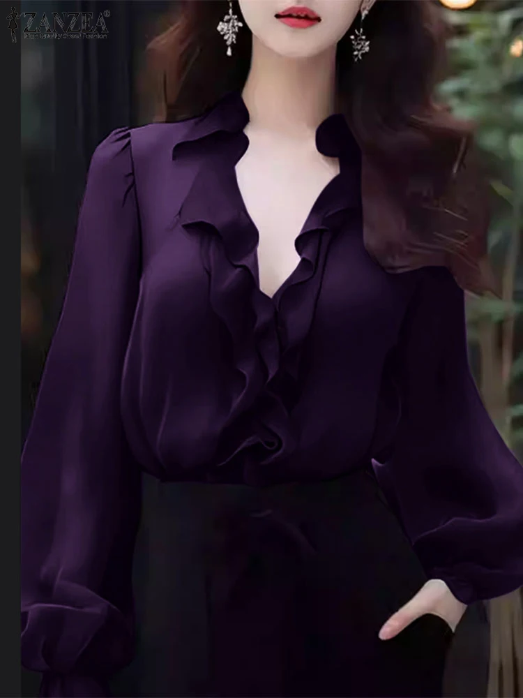 ZANZEA Long Sleeve Women Blouses Spring Solid Color Sexy 2025 Trend Tops Feminina French Elegant Ruffles V Neck Blusas Mujer