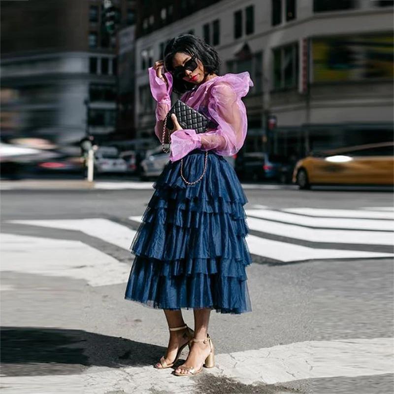 Navy Blue Tiered Skirts Elastic Waist Women Saias Girls Party Gowns A Line  Mid-Calf Skirt For Lady  Tulle Tutu Skirt