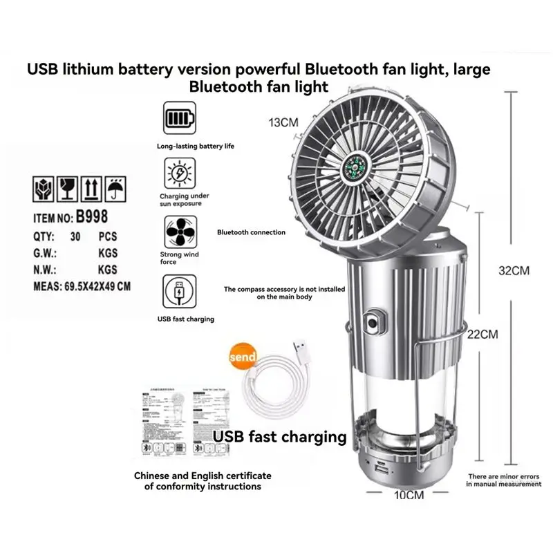 ABKW-Solar Camping Fan With Lantern Foldable Solar Powered USB Rechargeable Emergency Hanging Lights For Outdoor Tents And Campi