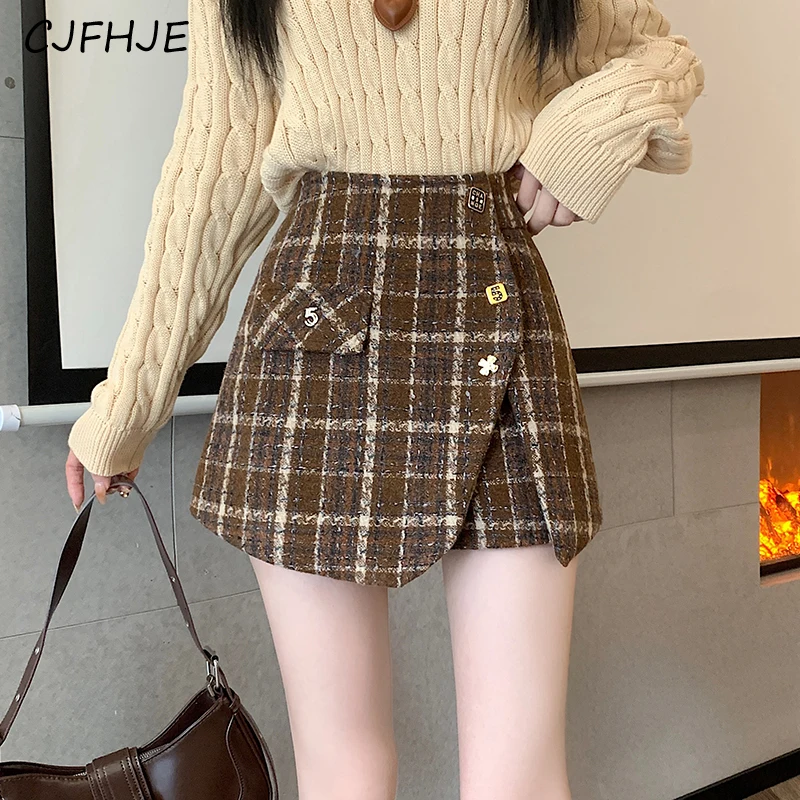 

CJFHJE Spring Women's Irregular Woolen Plaid Short Skirt Pants High Waist American Spicy Girl Fashion Women A-line Half Skirt