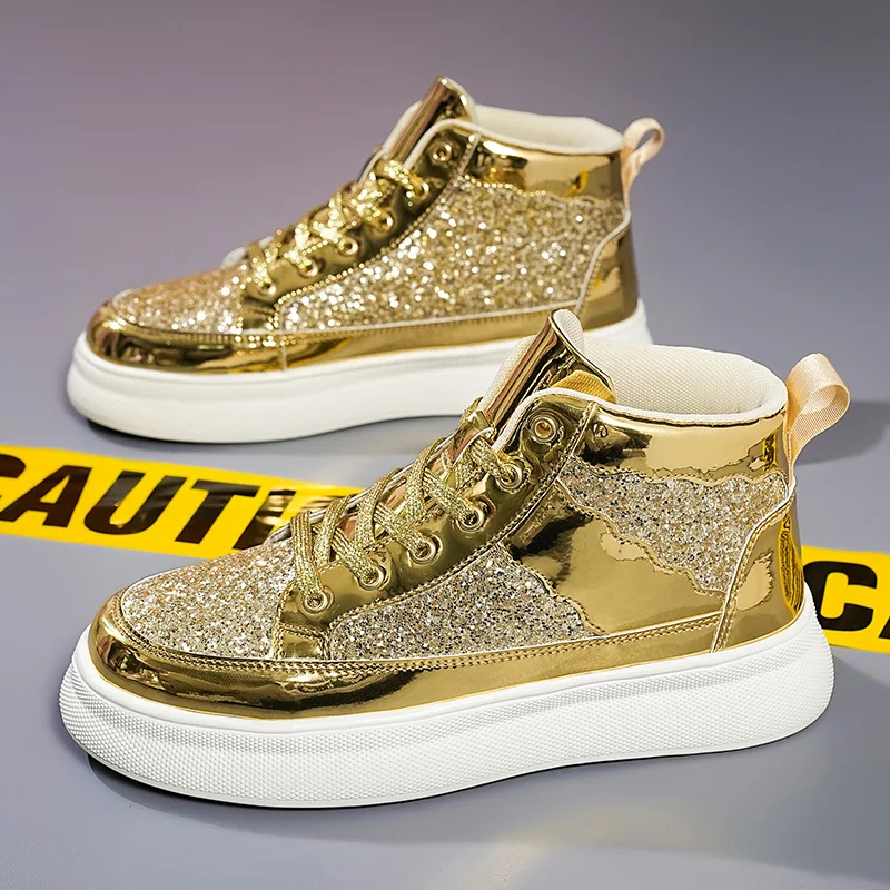 

New Men High Top Sneakers Male Ankle Boots Gold Luxury Glitter Shoes Streetwear Casual Vulcanize Shoes Thick Sole Running Shoes