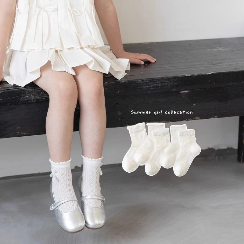 5 Pairs/set Cute White Color Kids Girl Sock Cotton Ruffle Princess Seamless Mesh Ankle Sock for Children Summer Soft School Sock