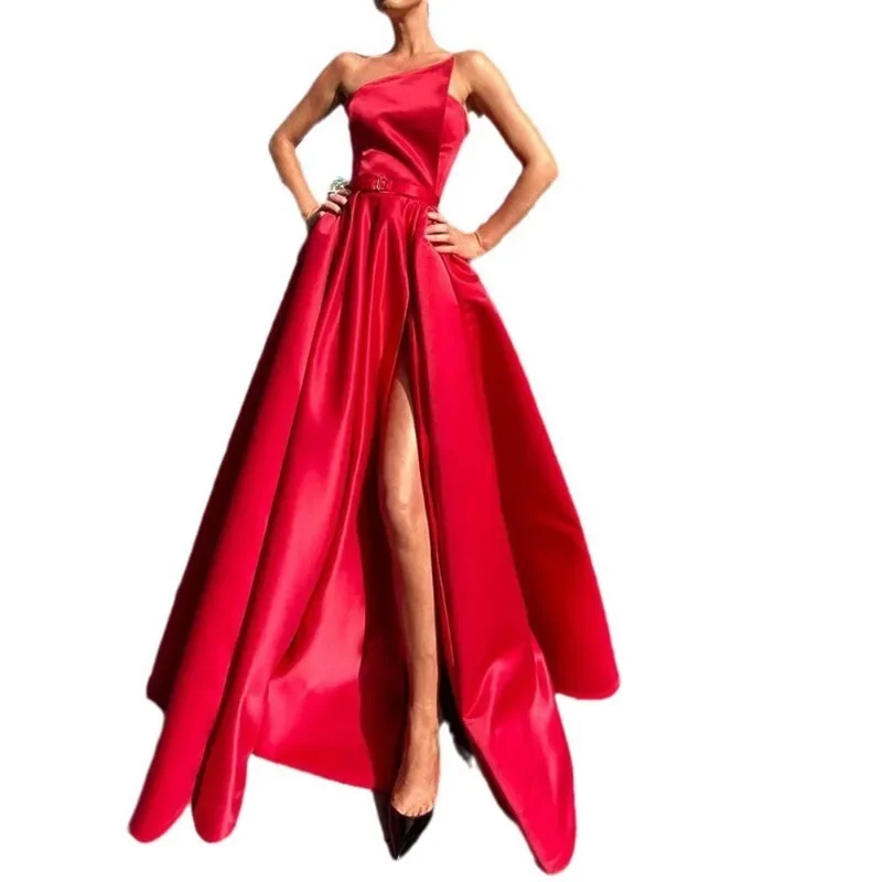 European and American Women\'s One-shoulder Tube Top Dress Long Skirt Sexy Slit Dress White Dress Summer Dress
